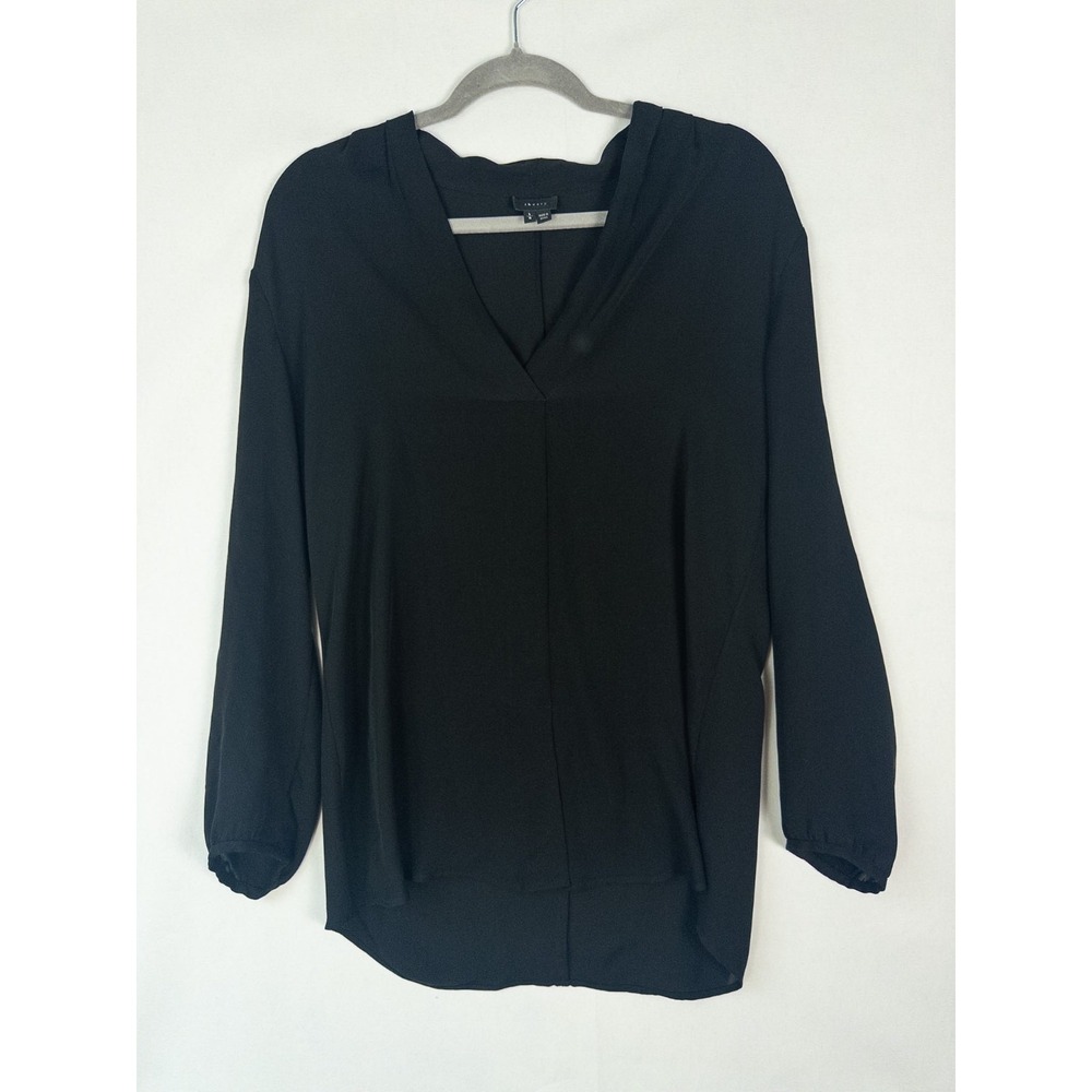 Theory Womens Large‎ Black V-Neck Long Sleeve Silk Blouse Tunic Top Pullover